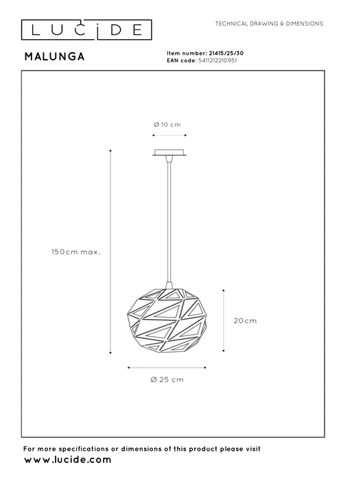 Lucide MALUNGA - Suspension - Ø 25 cm - 1xE27 - Noir - technique